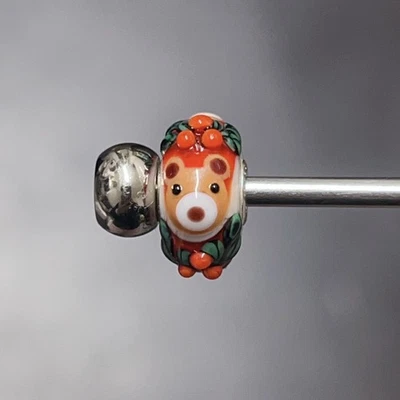 Trollbeads OOAK unique glass bead winter white red teddy bear Christmas  - Image 1 of 4
