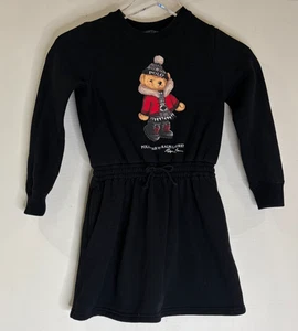 POLO Ralph Lauren abito orso bambina taglia 7 nero pile invernale LS elastico in vita - Foto 1 di 8
