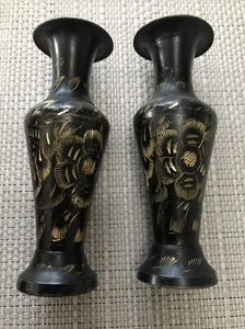 2x Unusual Vintage INDIAN Black Metal ETCHED Brass VASE CANDLE HOLDERS 5” Tall - Picture 1 of 12