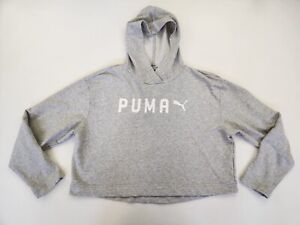 PUMA Women XL Gray Crop HOODIE Sweatshirt Logo Spell out  Gym Wear Athletic Yoga
