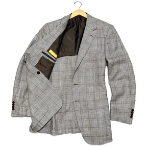 Davide Cenci 44L Blazer Jacket Linen Wool Plaid Checked Unstructured Summer Long - Picture 1 of 13
