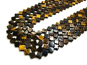 Natural Yellow Tiger Eye Four Leaf Clover 8mm Smooth Gemstone Beads - PGS408 - Picture 1 of 3