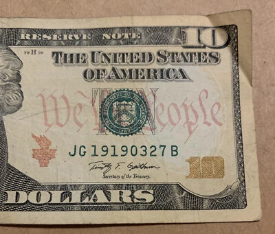 Birthday/anniversary $10 US Note,S# JG 1919 03 27 B 1919 March 27th. - Image 1 of 3