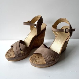 Stuart Weitzman Taupe Suede Ankle Strap Cork Wedge Sandals Size 9.5 M - Picture 1 of 10