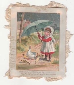 From Every Evil that May Be My New Year's Wish Goose Umbrella Vict Card c1880s - Picture 1 of 2