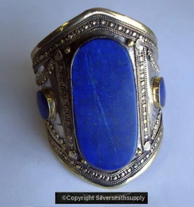 Brazalete de lapislázuli natural 6,5 pulgadas plata sobre latón hecho en Afganistán FJ064 - Imagen 1 de 7