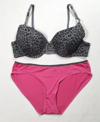 Women Set of T-Shirt Underwire Bra 38C Panty Large Pink Gray Black Leopard Print - Image 1 of 4