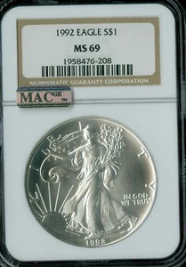 1992 SILVER EAGLE 1-OZ DOLLAR NGC MAC MS69 PQ 2ND FINEST MAC SPOTLESS * - Picture 1 of 2