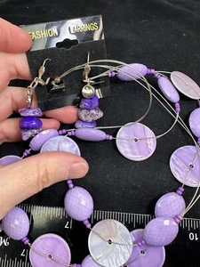 Necklace Wire Purple Facetted Beads & Shell w m Earrings Pierced Vintage M-6623! - Picture 1 of 4