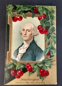 Vintage ATQ George Washington Postkarte Kirschen geprägt Goldrand Winsch Rückseite - Bild 1 von 3