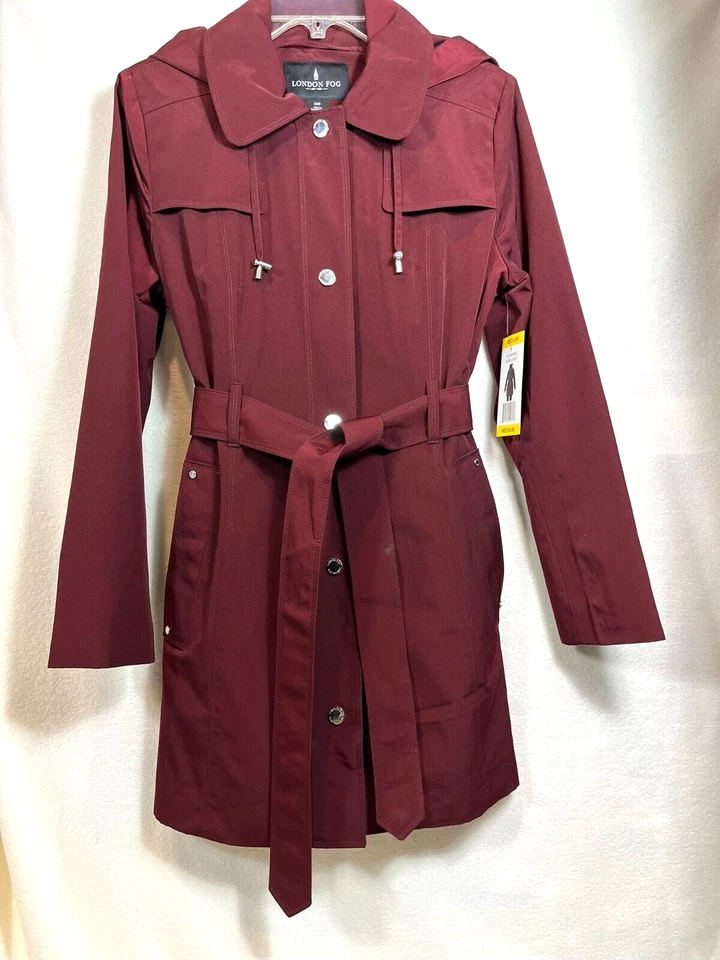 Women's London Fog Burgundy Dress Rain Trench Coat Removable Hood Medium M