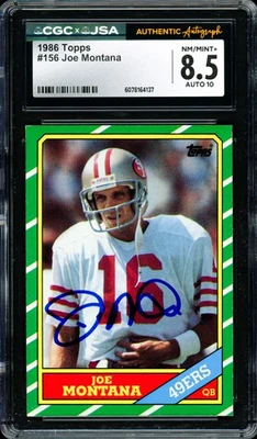 Tarjeta Topps firmada por Joe Montana 1986 156 49ers grado 8,5 automática GM 10 CGC x JSA Foto 1 de 2