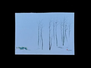 1 tarjeta de felicitación de Navidad Tyrus Wong de colección ¡solo mitad frontal! Acogedora cabaña a través del bosque - Imagen 1 de 2