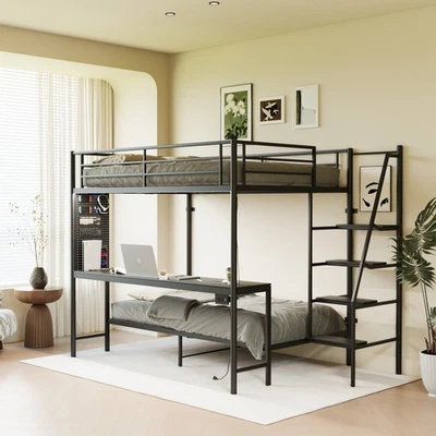 Black Full Size Bunk Bed w Twin Size Light & Charging Socket Engineered Hardwood - Image 1 of 4