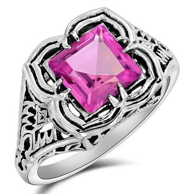 Anillo estilo filigrana de plata de ley 925 con zafiro rosa tratado de 3 quilates talla 8 F4-1 Foto 1 de 4