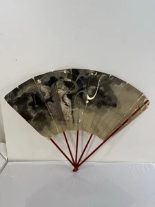 Vintage Japanese Folding Fan Shimaisen Sensu VTG Bamboo Frame Gold Silver Shinto - Picture 1 of 19
