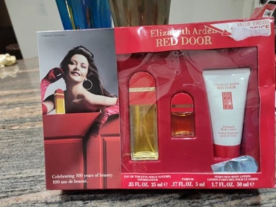 Juego de regalo vintage Elizabeth Arden puerta roja 3 piezas spray .85 oz 17 perfume 1.7 loción Foto 1 de 3