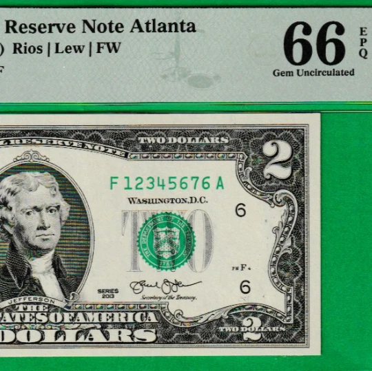 $2  TWO DOLLAR Federal Reserve note LADDER Serial Numbers 1-2-3-4-5-6-7-6 PMG 66 - Image 1 of 3