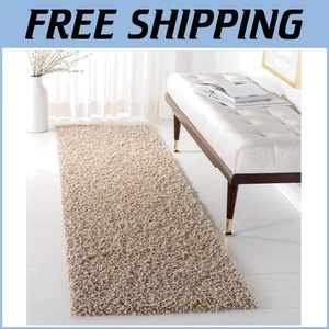 Contemporary 1.5-Inch Thick Beige Shag Runner Rug - Ideal for Living Rooms - Picture 1 of 6