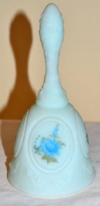 FENTON Satin Glass Bell Opaque Embossed Blue Floral Handpainted SIGNED JANET S. - Picture 1 of 6