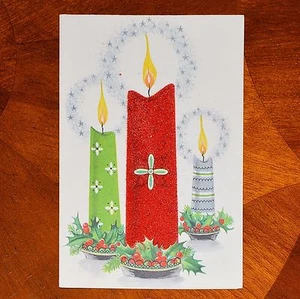 Vintage UNUSED Christmas Card CANDLE TRIO RED FLOCKING Mid-Century - Picture 1 of 4