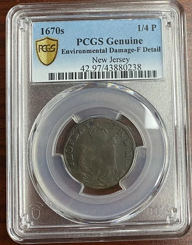 1670 New Jersey St. Patrick Farthing 1/4 P Copper Token PCGS F Detail #40091 Cover