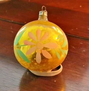 Vintage Christmas Ornament Glass Ball Yellow With Pink Floral Pattern - Picture 1 of 4