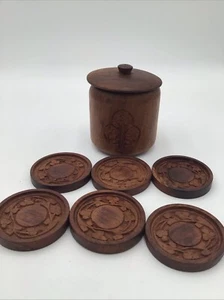 Vintage Set of 6 Wooden Drink Coasters in Wood Jar with Lid Rustic - Picture 1 of 10