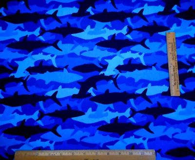 Quilt Fabric 1 1/8 Yard Blue Navy Aqua Killer Sharks Fish Ocean Premium Cotton - Image 1 of 2