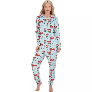 woman’s s/m fleece pajamas Christmas PRINTED HOLIDAY ONE-PIECE HOODED pjs - Picture 1 of 9