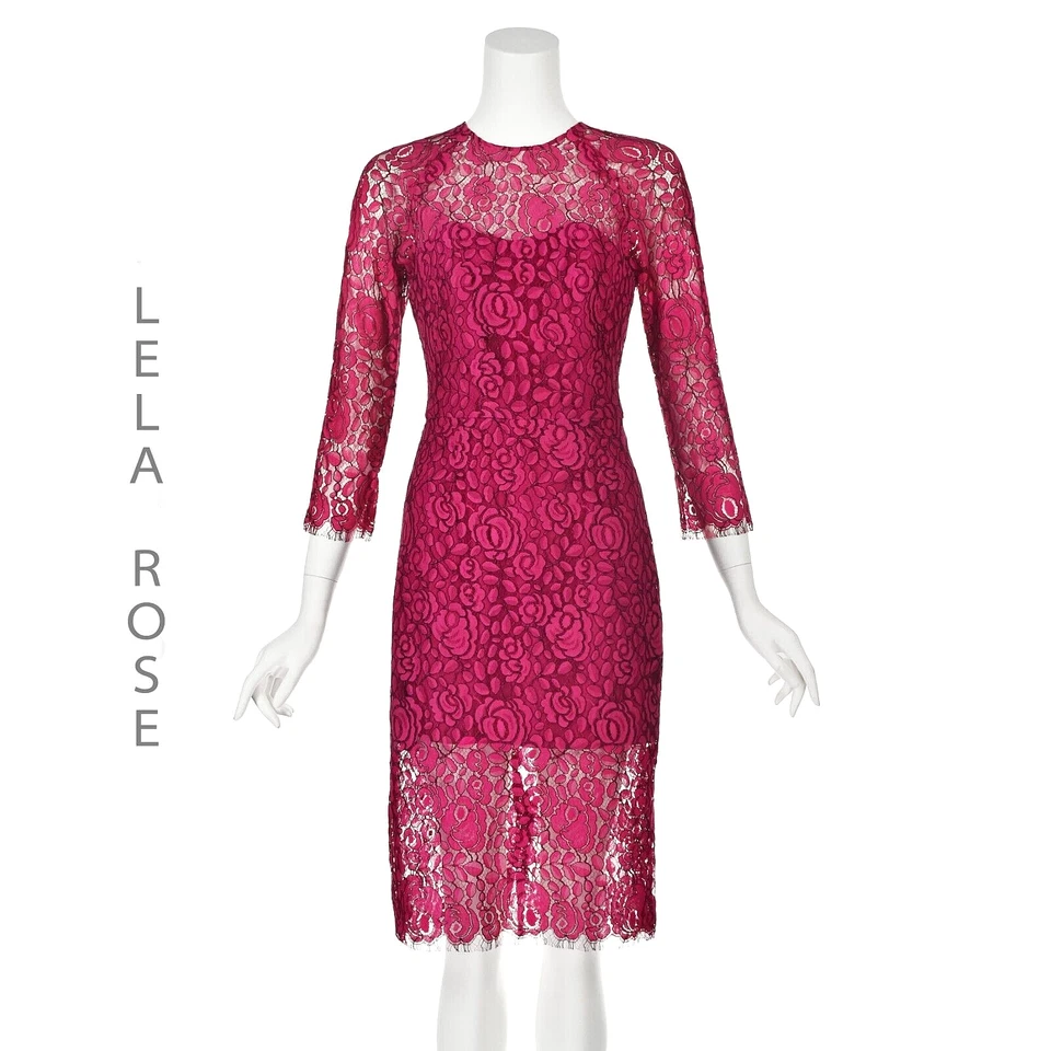 Mini vestido LELA ROSE magenta rosa renda midi forrado em seda rosa pequeno 4-6 novo sem etiquetas - Imagem 1 de 4