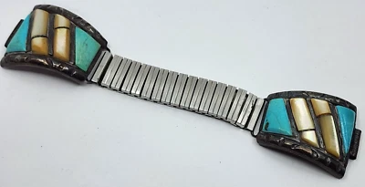 Винтажные мужские часы Old Pawn из стерлингового серебра с различными камнями наконечниками и эластичным ремешком - Изображение 1 из 4