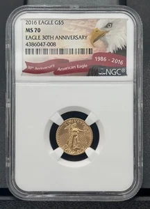 2016 $5 American Gold Eagle 1/10ozt Gold, NGC MS 70, 30th Anniversary Label - Picture 1 of 5