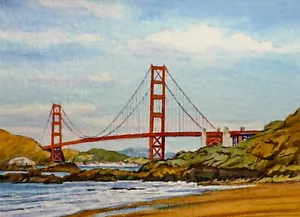 Quadro Acquerello Golden Gate Bridge California Natura Oceano ACEO Art n.153 - Foto 1 di 2