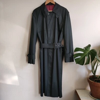 CUE by Austin Reed Vintage Trench Coat Mac Black Red Lining Belted 60's 70's  - Image 1 of 4