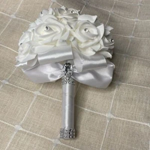 Beautiful Throw Away Wedding Bridal Bouquet White Rhinestone Flower Satin Ribbon - Picture 1 of 5