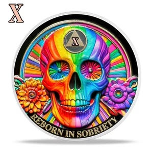 10 Year AA Sobriety Coin Medallion- Colorful Skull Enamel 10th Years X AA Chips - Picture 1 of 14