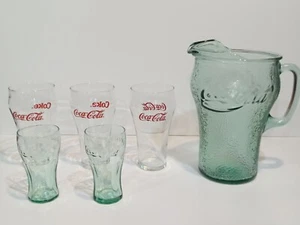 Coke Coca-Cola Pebbled Green Pitcher 3-Clear Glasses 16 oz & 2-Green Glass 6 oz - Picture 1 of 4