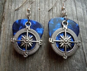 Compass Charm Guitar Pick Earrings - Pick Your Color - Picture 1 of 6