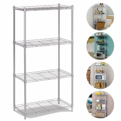 4 Tier Silver Metal Storage Rack Shelving Wire Shelf Kitchen Office Unit Stand - Image 1 of 4