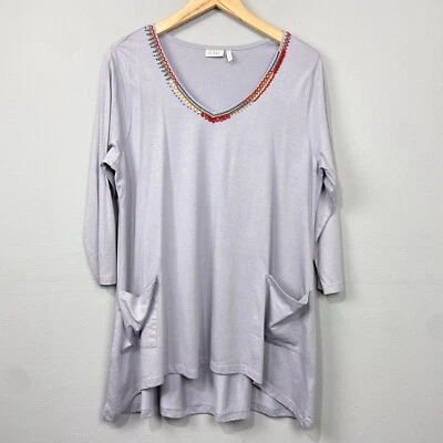 LOGO Lori Goldstein Túnica Top Talla L Cuentas Lagenlook Tejido Bolsillos Artísticos Informal Foto 1 de 4
