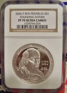 2006 P BEN FRANKLIN FOUNDING FATHER COMMEMORATIVE SILVER $1 COIN. NGC: PF 70 UC - Picture 1 of 2