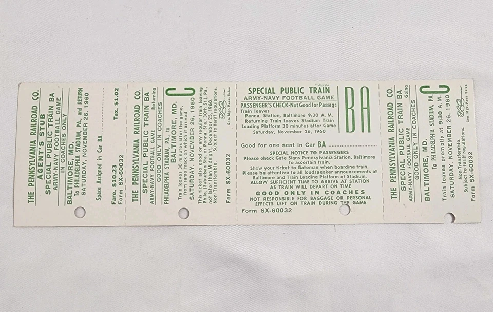 1960 PA Railroad Train Ticket Army Navy Football Game Baltimore To Philadelphia  - Image 1 of 1