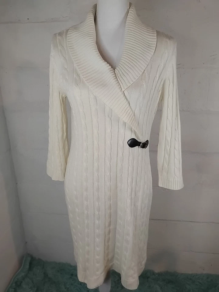 Calvin Klein Cream Sweater Dress 3/4 Sleeve Buckle Accent Size P (0-2) S - Image 1 of 4