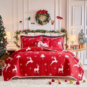 Christmas Quilt Set 2 Pieces Twin Size, White Deer and Snowflake on Red Xmas ... - Picture 1 of 7