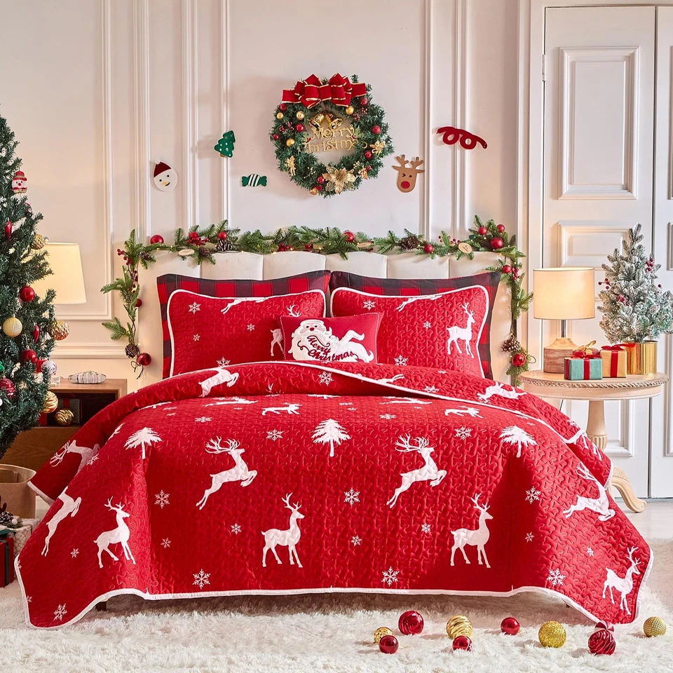 Christmas Quilt Set 2 Pieces Twin Size, White Deer and Snowflake on Red Xmas ... - Image 1 of 4
