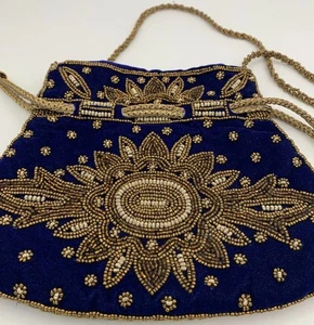Bolso sin asas boho bordado con asa dorada terciopelo azul con cuentas vintage de noche - Imagen 1 de 8