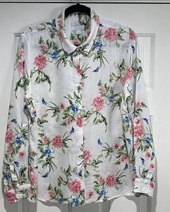 Charter Club Womens White Pink Floral 100% Linen Button Long Sleeve Shirt L - Picture 1 of 11