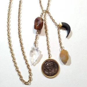 Vintage goldfarbene Halskette mit echtem Stein & Medaillon 32 Zoll - Bild 1 von 4