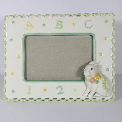 BELLEEK 3D PORCELAIN BUNNY BABY PICTURE FRAME 4x6” NURSERY ROOM ABC 123 - Image 1 of 4